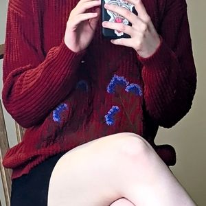 forever21 red sweater with blue embroidered flowers